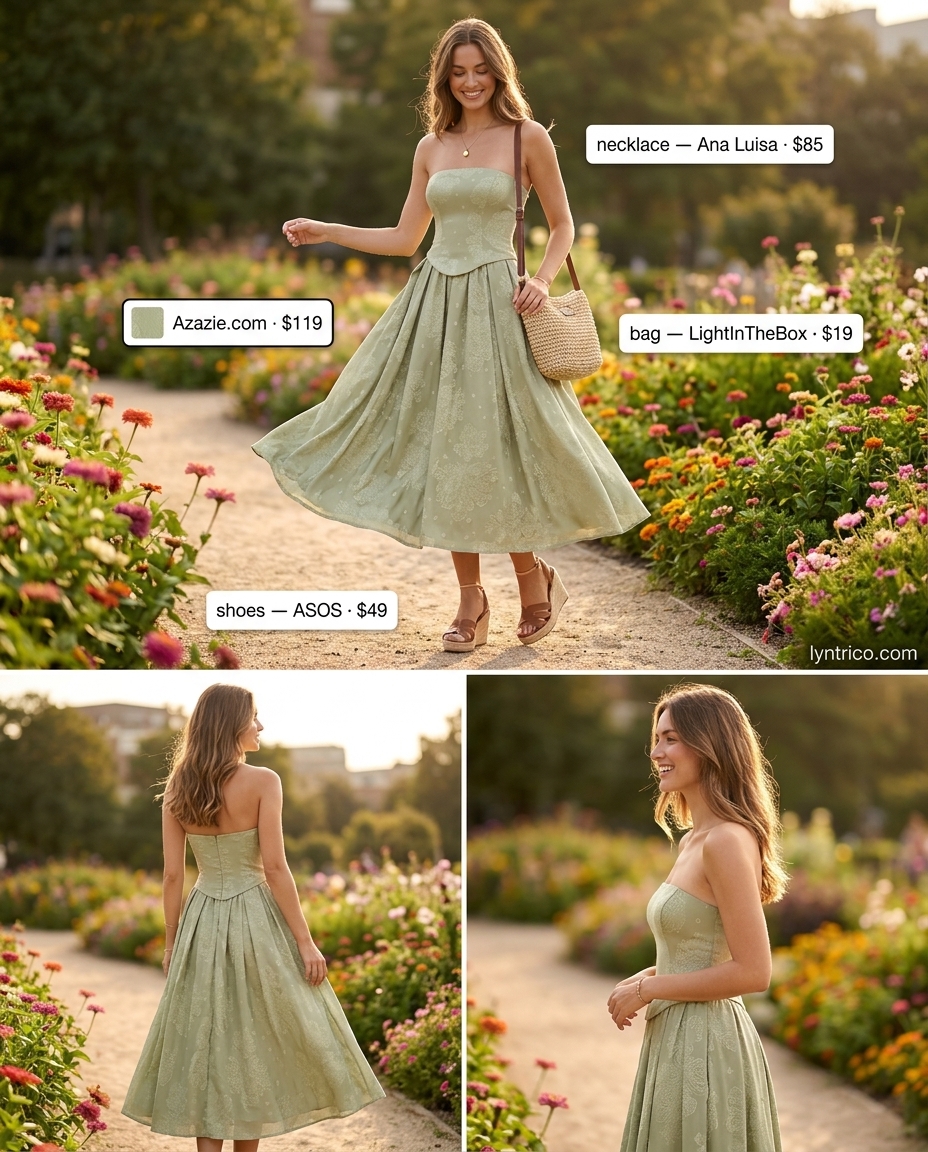 Mustard yellow midi dress for summer cocktail wedding guest outfits 2026, with straw bag and espadrille sandals.