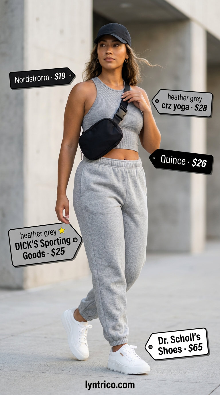 Heather grey ribbed crop top and fleece joggers matching set for athleisure and casual days in 2026.