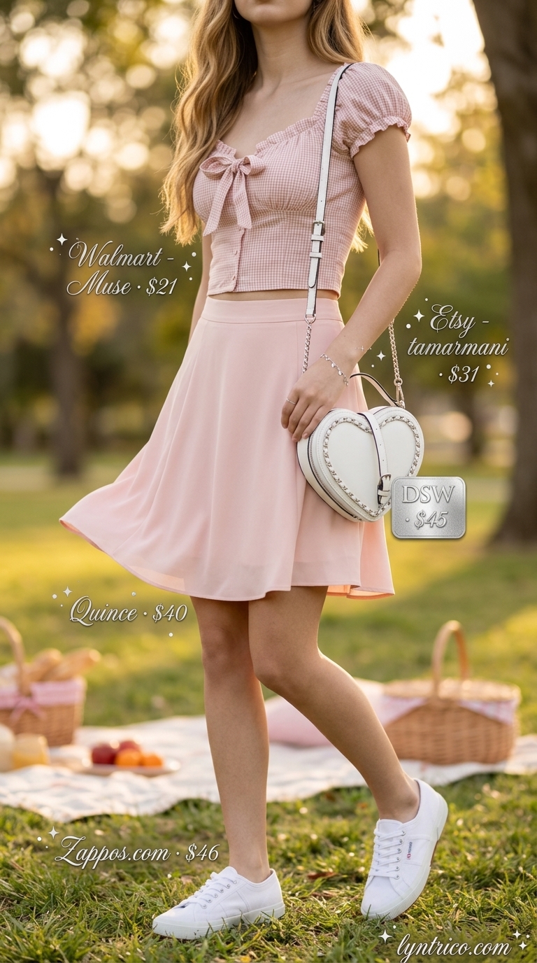 Blush pink sweetheart crop top and A-line mini skirt matching set for feminine summer date outfits 2026.