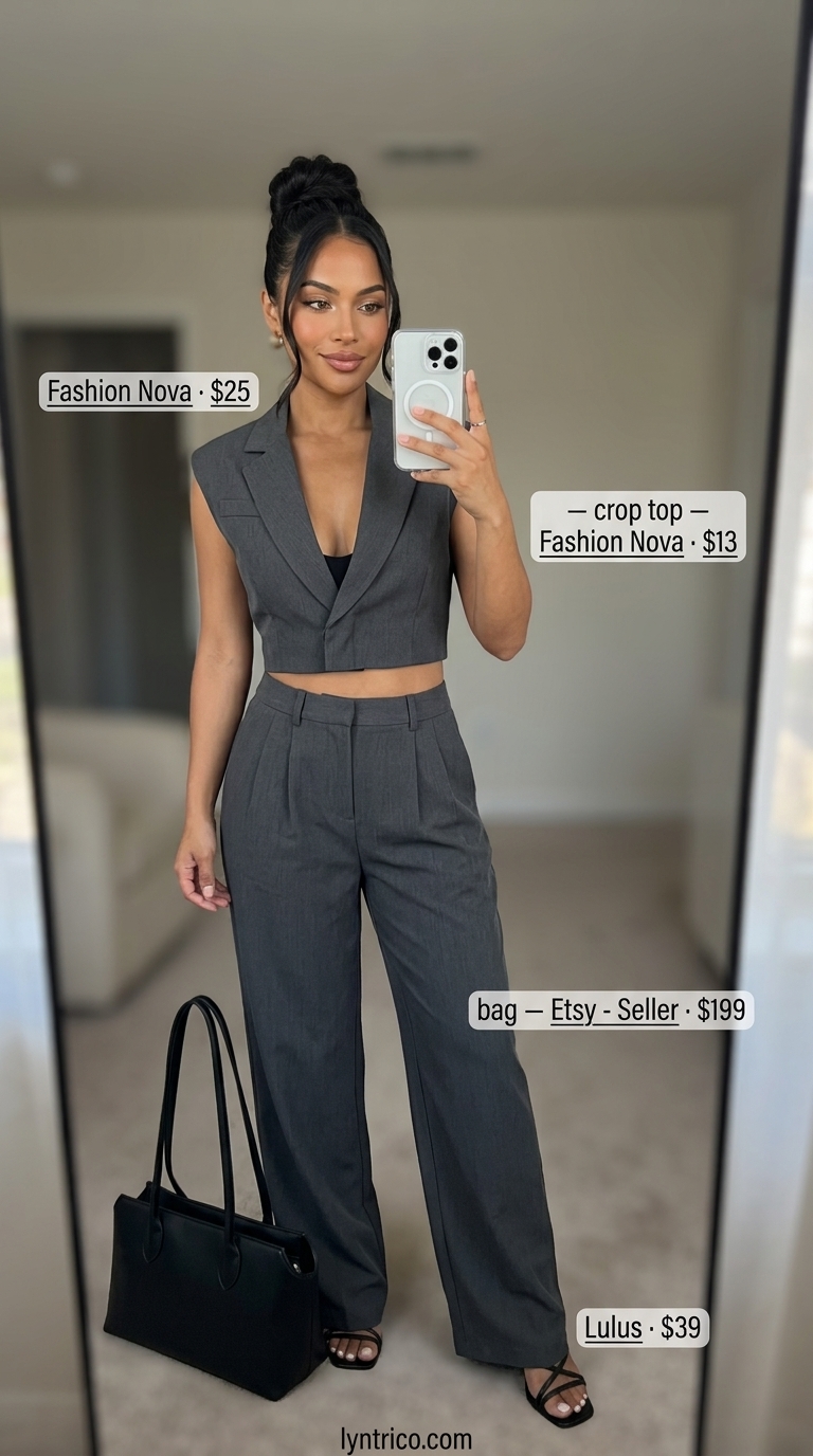 Chic charcoal grey knit crop top and wide-leg pants matching set for smart casual summer outfits 2026.