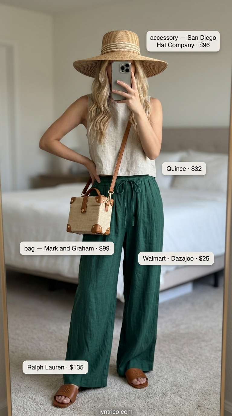 Sage green linen bandeau crop top and wide-leg pants matching set for relaxed resort wear in 2026.