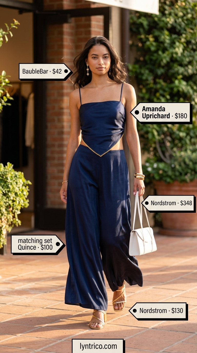 Navy blue satin crop top and palazzo pants matching set for elegant summer evening events in 2026.