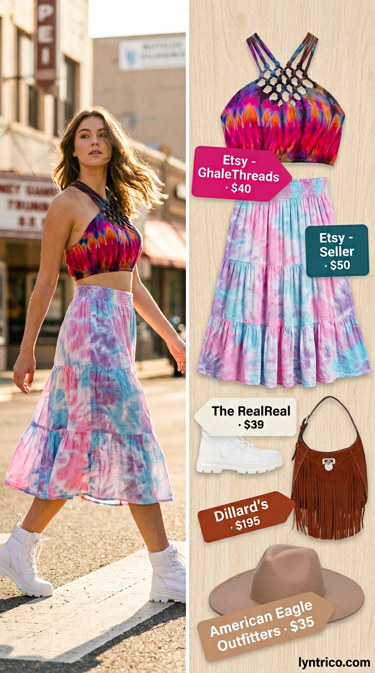 Pastel tie-dye halter crop top and midi skirt for festival fun and casual days in 2026.