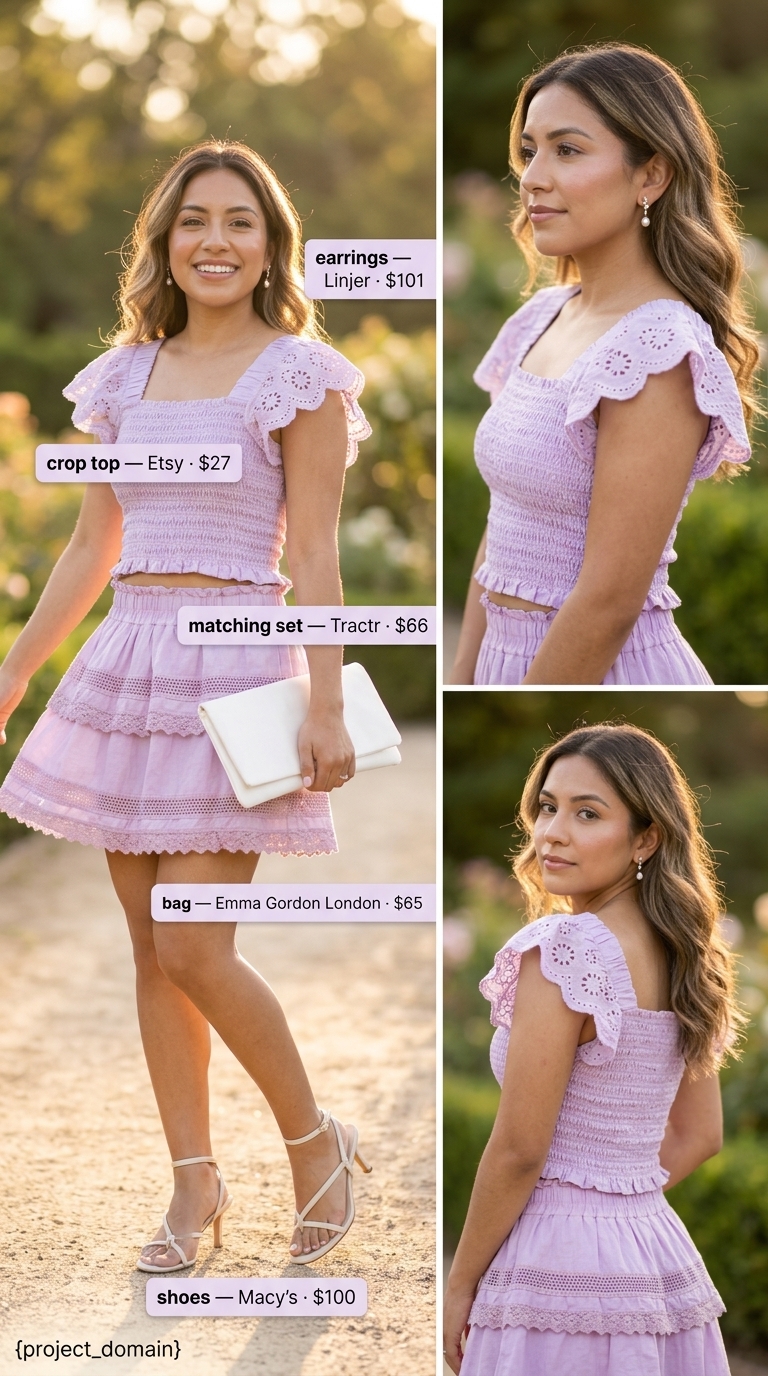 Lilac smocked crop top and tiered maxi skirt matching set for romantic garden party outfits 2026.