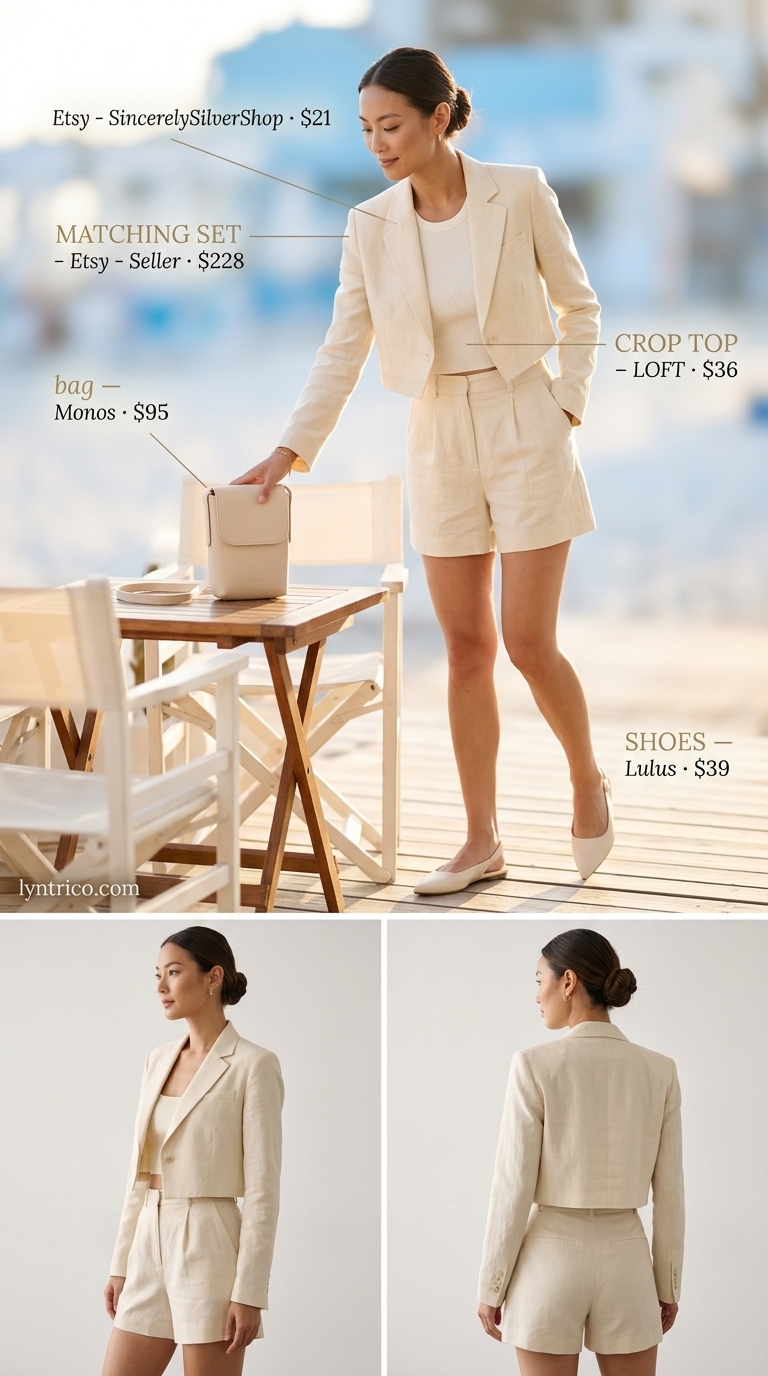 Monochrome ivory blazer and shorts matching set. Smart casual outfits 2026. Slingback flats.