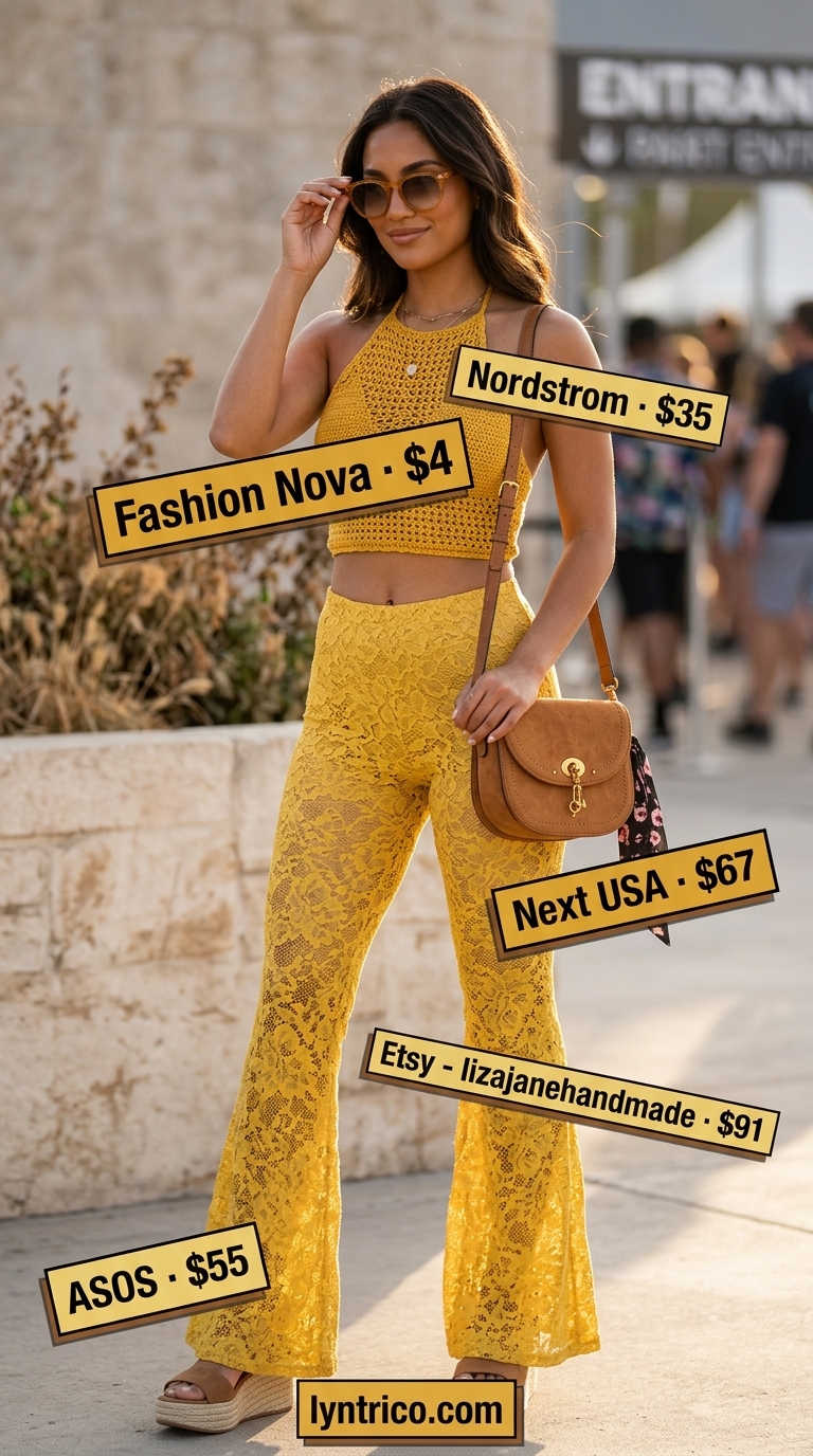 Mustard yellow crochet halter crop top and flare pants matching set for retro summer festival outfits 2026.