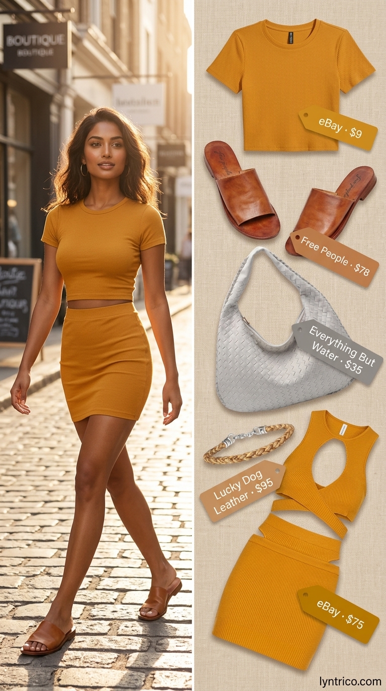 Mustard yellow ribbed knit crop top and midi skirt matching set for warm, earthy summer outfits 2026.