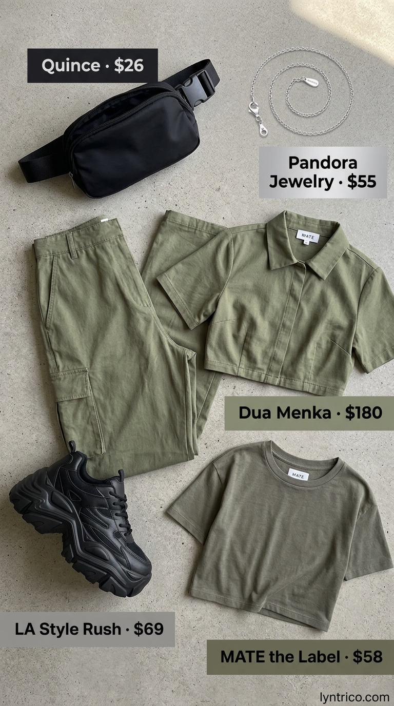 Olive green utility crop top and cargo pants matching set. Casual day out outfits 2026. Chunky sneakers.