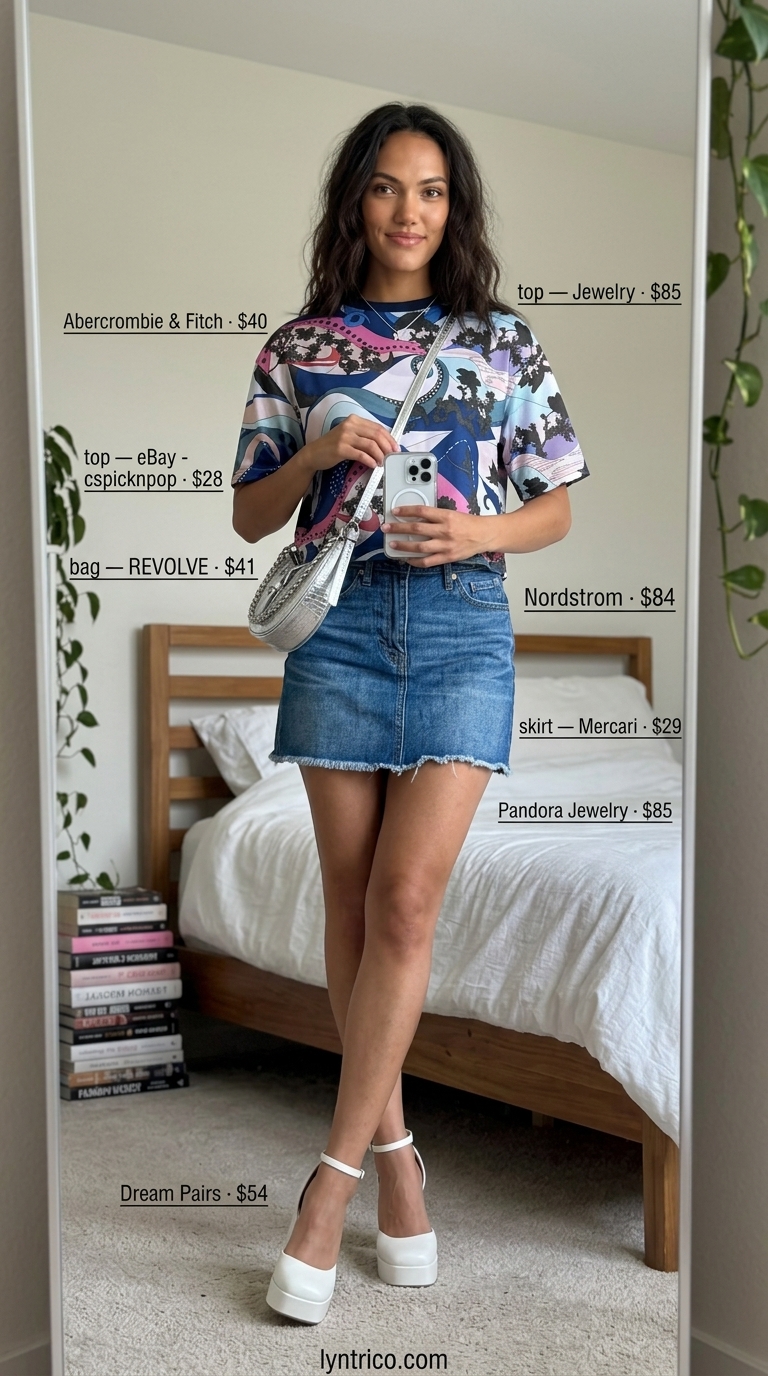 Retro graphic tee and denim mini skirt outfit. Casual summer outfits 2026. Platform sandals & mini bag.