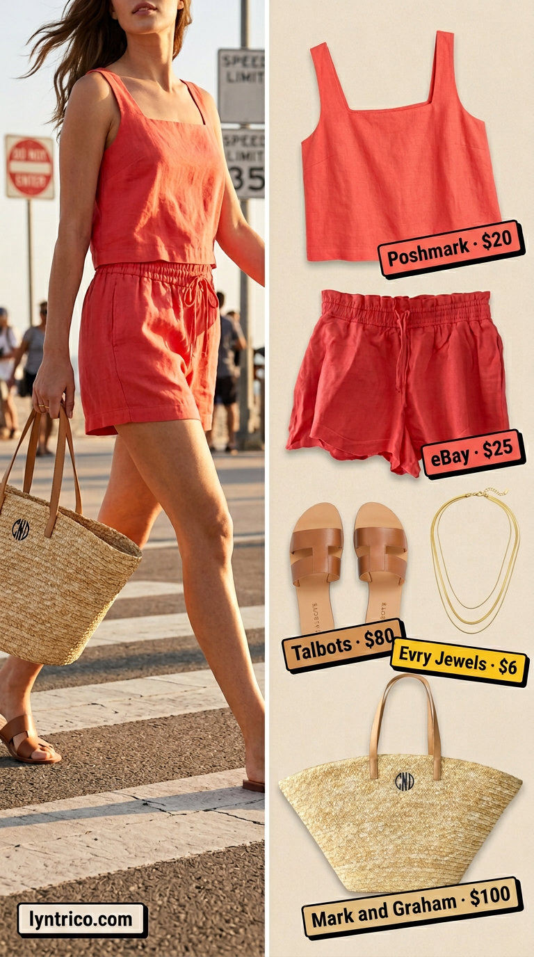 Vibrant coral linen crop top and shorts matching set. Beach day outfits 2026. Straw tote & leather slides.