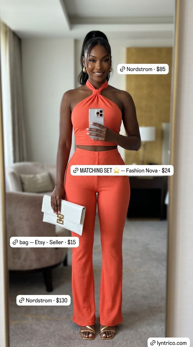 Vibrant coral halter crop top and palazzo pants matching set. Summer evening outfits 2026. Gold accessories.