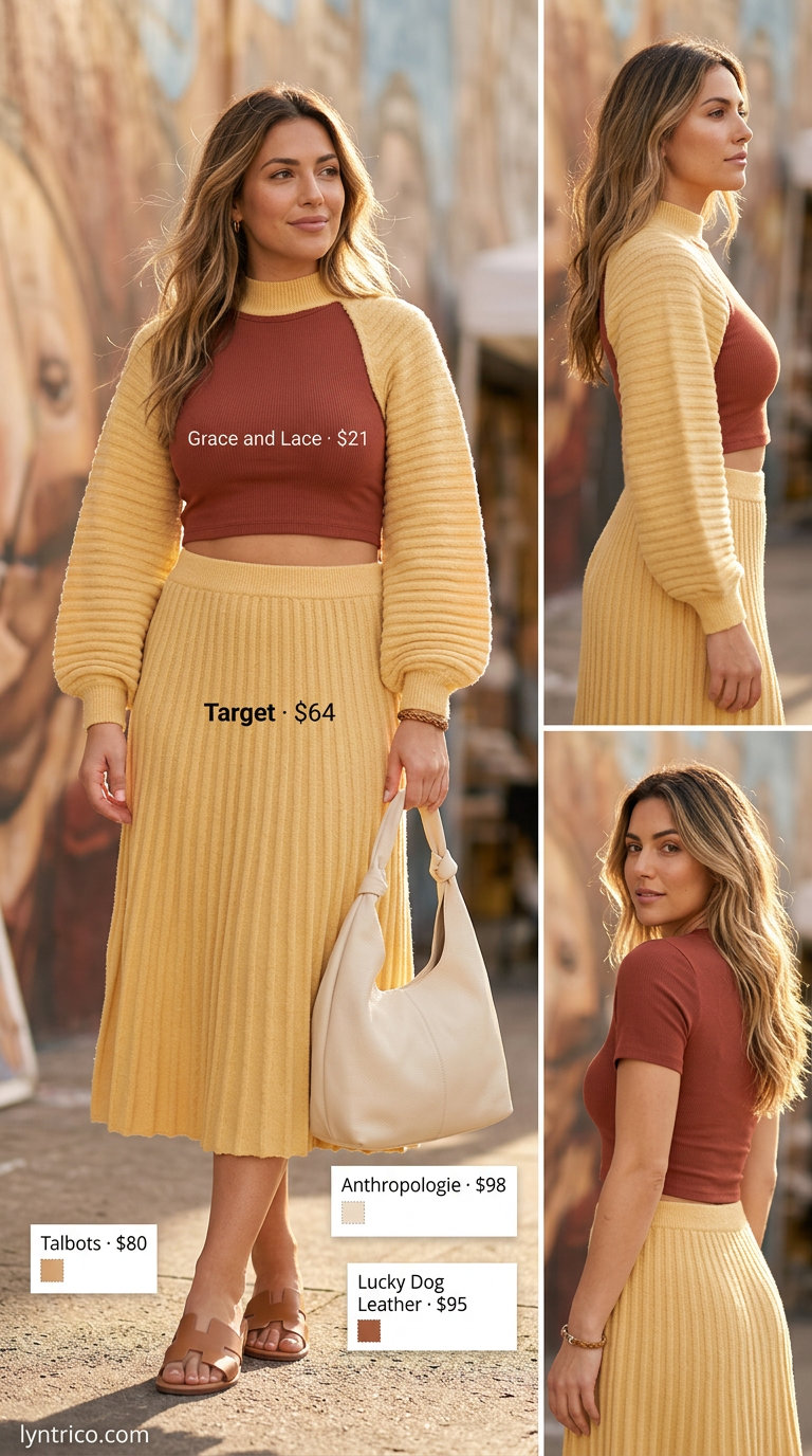 Terracotta ribbed knit crop top and midi skirt matching set. Casual day out outfits 2026. Leather slides.