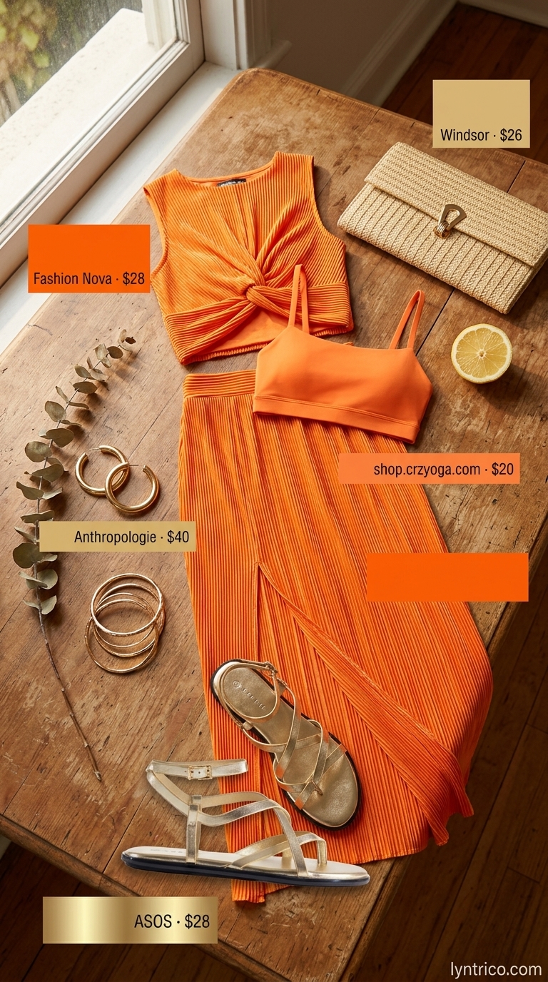 Sunset orange crop top and maxi skirt matching set for vibrant summer evening events and beach parties in 2026.