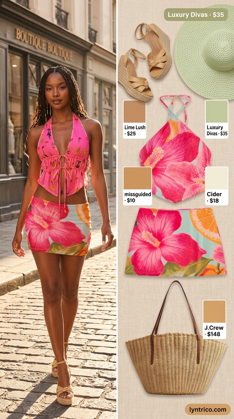 Bold floral print halter crop top and maxi skirt matching set for tropical summer party outfits 2026.