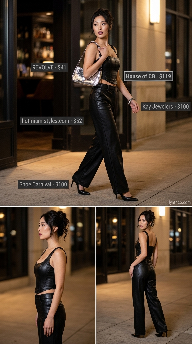 Edgy black corset crop top matching set with tailored trousers. Night out outfits 2026. Silver accessories.