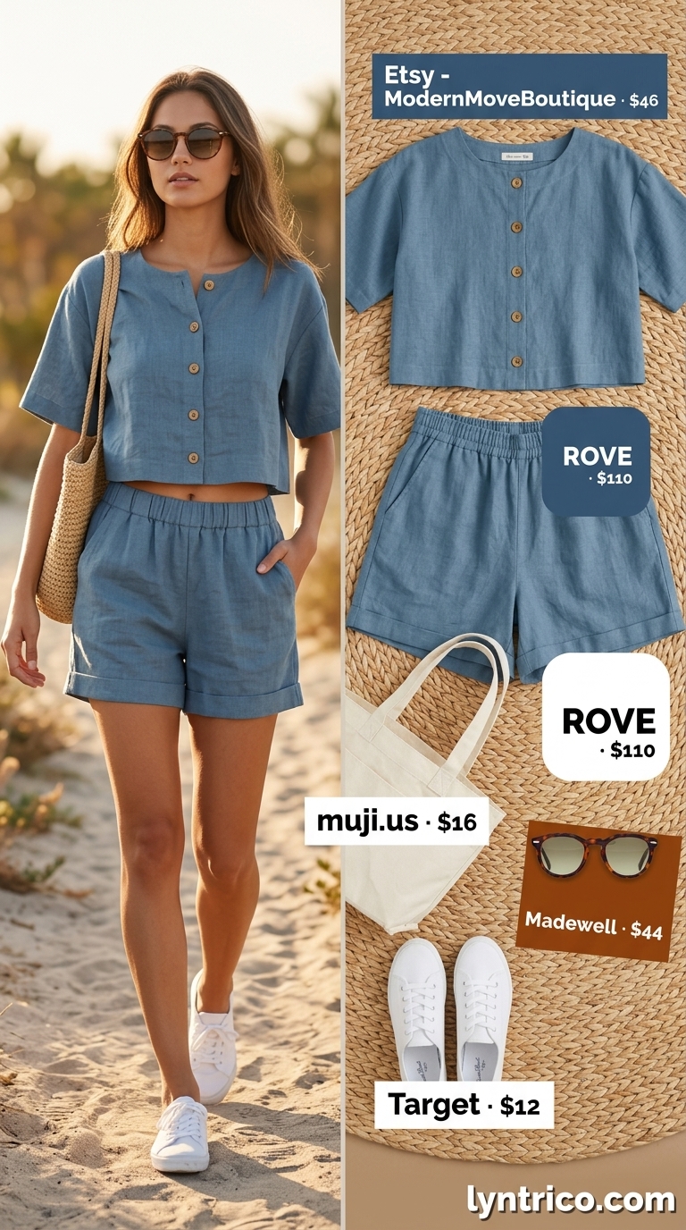 Sky blue linen crop top and drawstring shorts matching set for relaxed travel and weekend getaways in 2026.