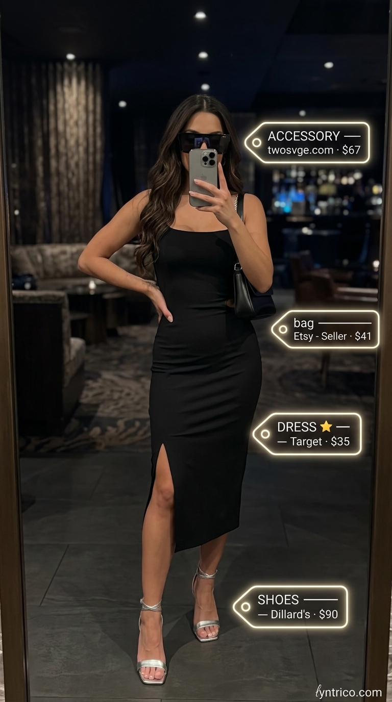 Black Slip Dress Bar Style 2026 Black slip dress with cut-out and silver heels for summer going out to a bar outfits for women 2026.