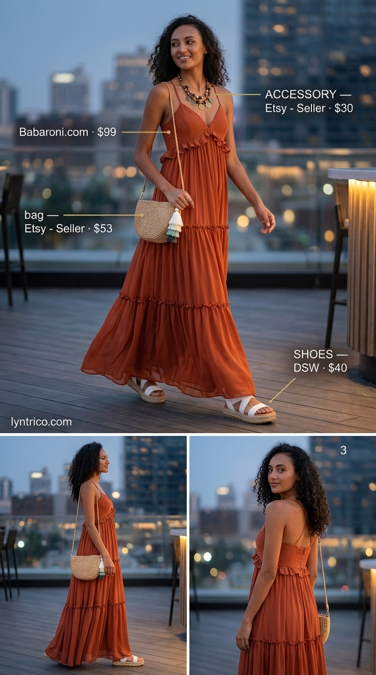 Boho Maxi Dress: Summer Bar Outfits 2026 Bohemian terracotta orange maxi dress for summer going out to a bar outfits for women 2026. Relaxed beach bar style with straw accessories.