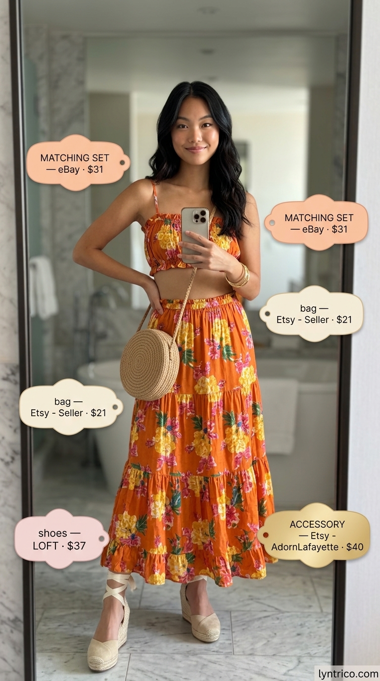 Boho Bar Outfits for Women 2026 Bohemian rust orange matching set for summer going out to a bar outfits for women 2026.