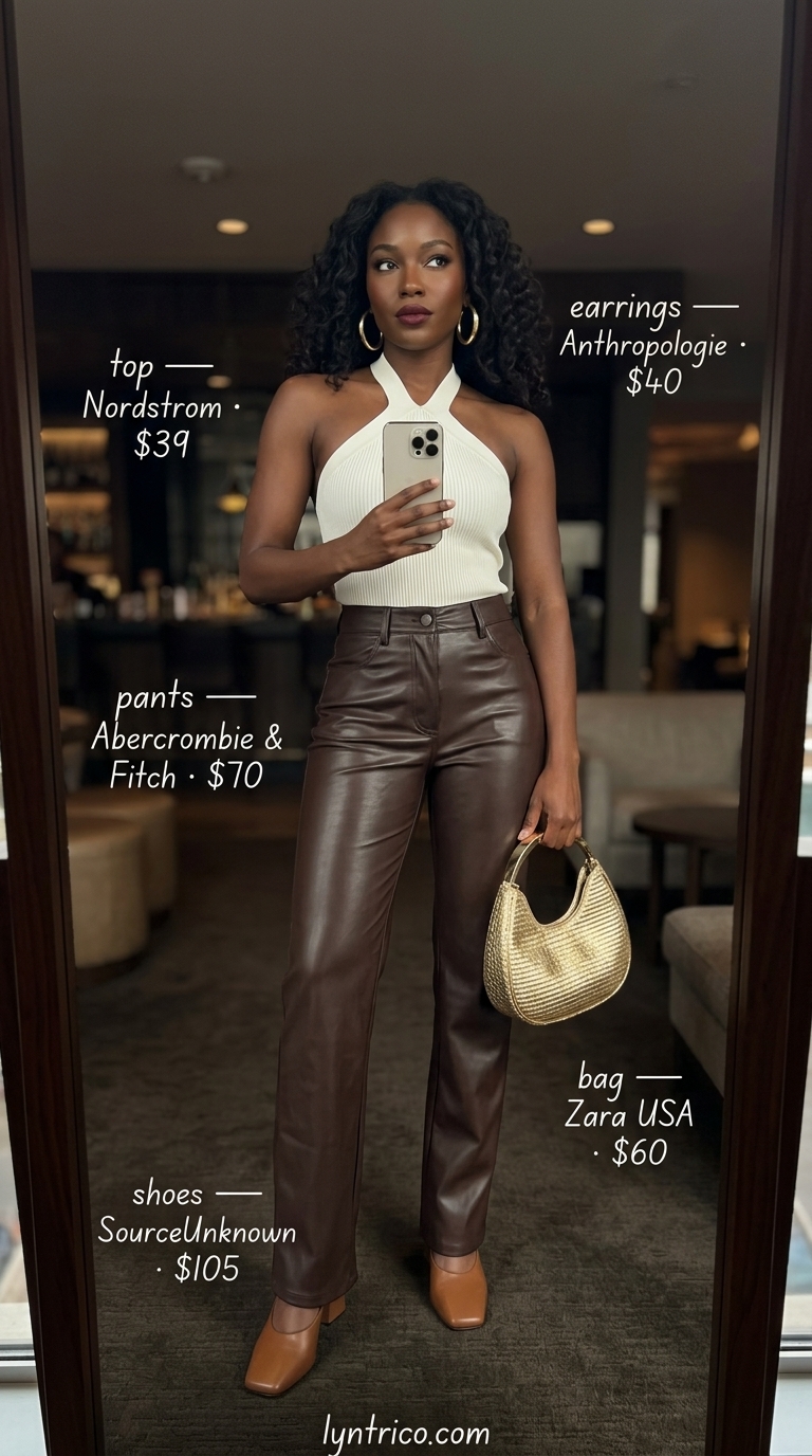 Edgy Bar Outfits for Women 2026 Edgy chocolate brown faux leather pants for summer going out to a bar outfits for women 2026.