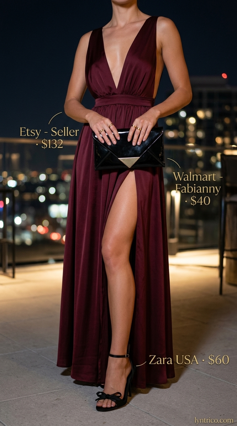 Burgundy Maxi Dress Bar Outfit 2026 Deep burgundy maxi dress with a slit for summer going out to a bar outfits for women 2026.