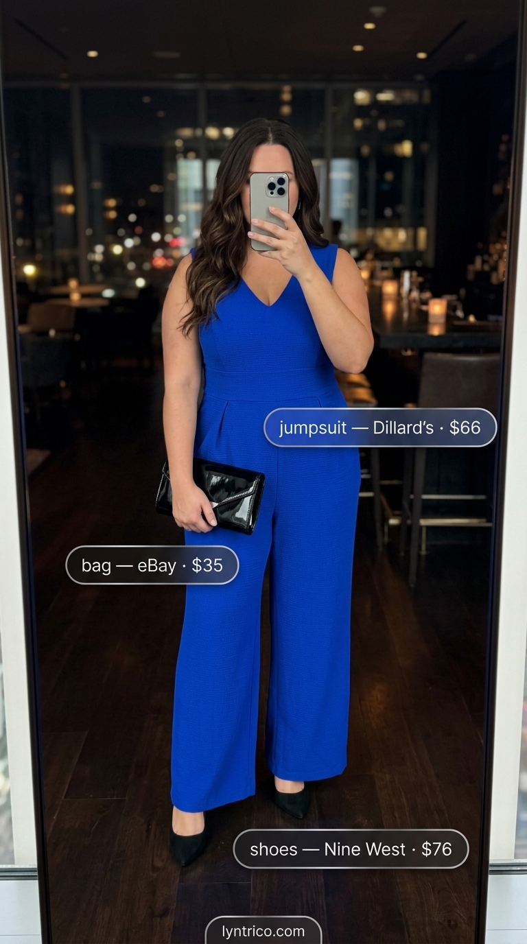 Chic Jumpsuit Outfits for Women 2026 Chic cobalt blue jumpsuit for summer going out to a bar outfits for women 2026 with black pumps.