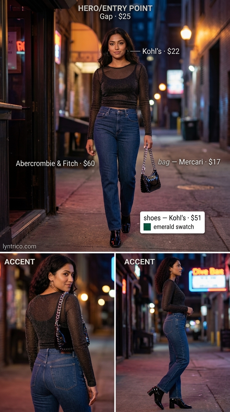 Edgy Jeans & Mesh Top: Summer Bar Outfits 2026 Edgy dark wash denim jeans with black mesh top for summer going out to a bar outfits for women 2026. Cool dive bar style.
