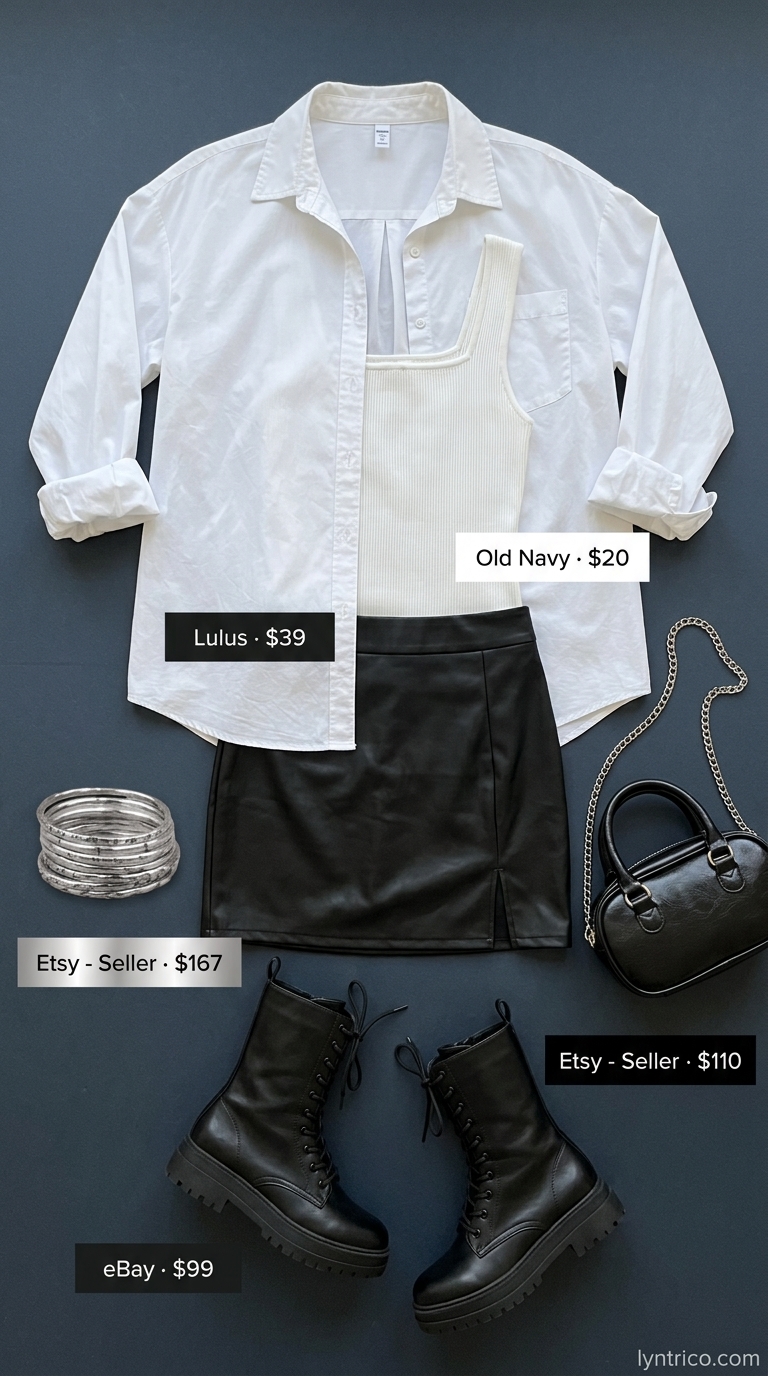 Edgy Mini Skirt: Summer Bar Outfits 2026 Edgy black faux leather mini skirt with white shirt for summer going out to a bar outfits for women 2026. Rebellious late night style.