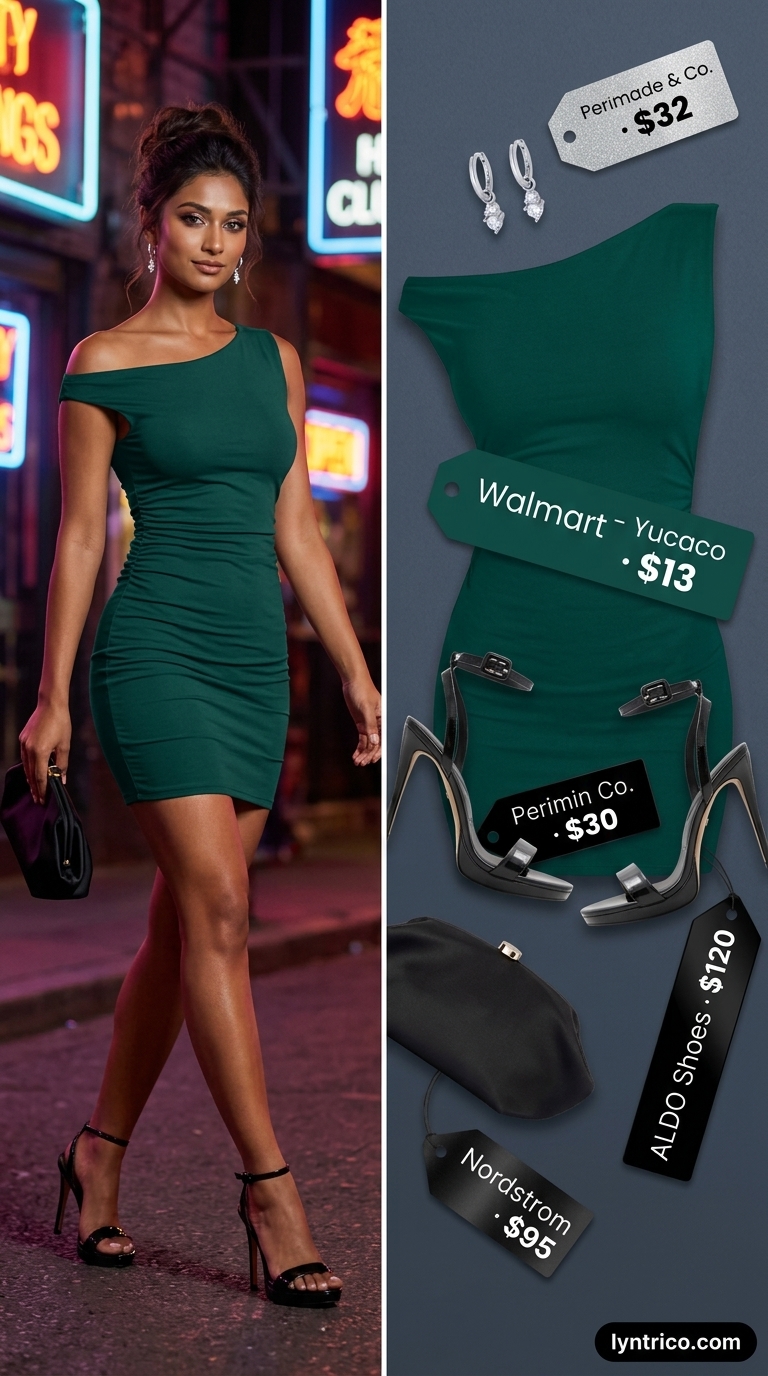 Emerald Dress: Summer Bar Outfits 2026 Glamorous emerald green mini dress for summer going out to a bar outfits for women 2026. Sophisticated lounge bar style with silver accents.