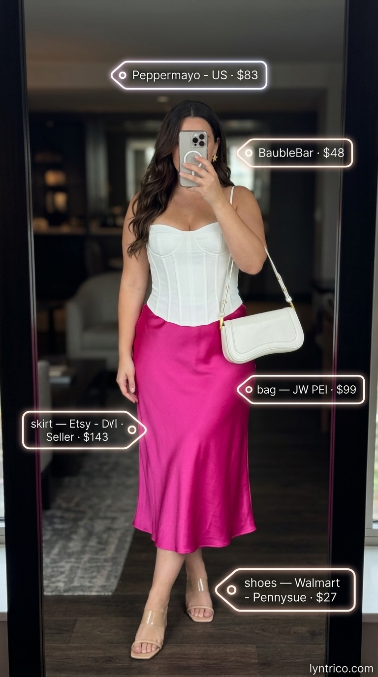 Romantic fuchsia satin skirt and corset top for summer going out to a bar outfits for women 2026.