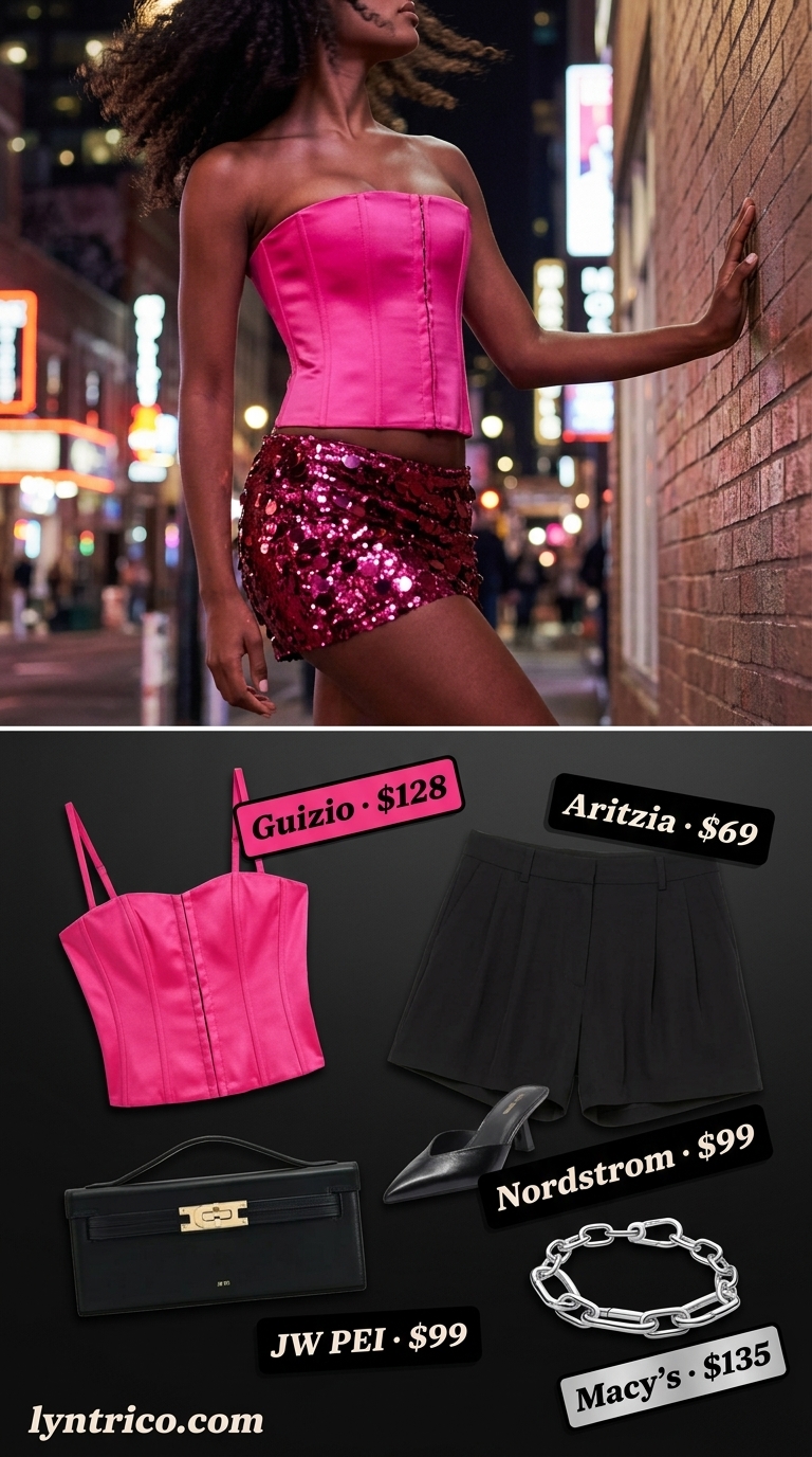 Bold Bar Outfits for Women 2026 Bold hot pink corset top and black shorts for summer going out to a bar outfits for women 2026.