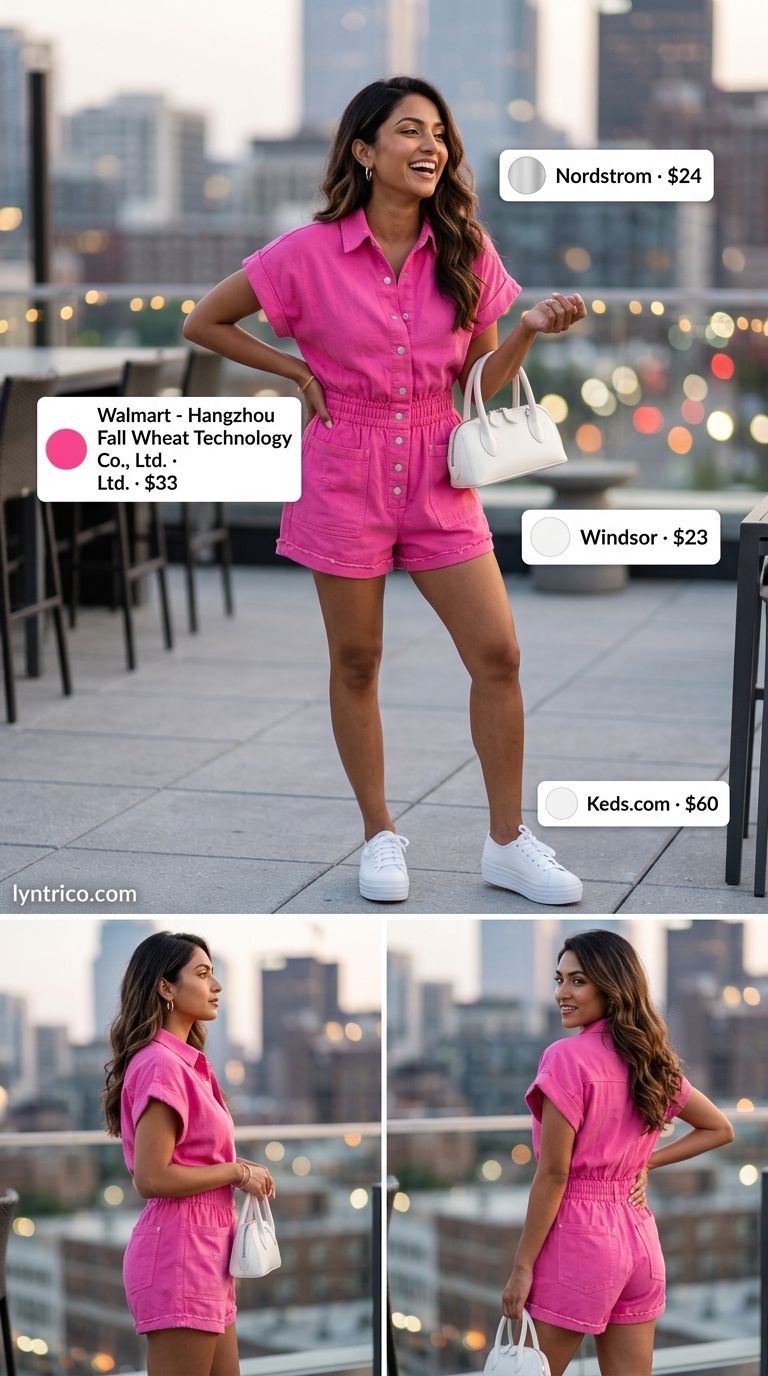 Hot Pink Romper: Summer Bar Outfits 2026 Fun hot pink utility romper for summer going out to a bar outfits for women 2026. Energetic happy hour style with white sneakers.