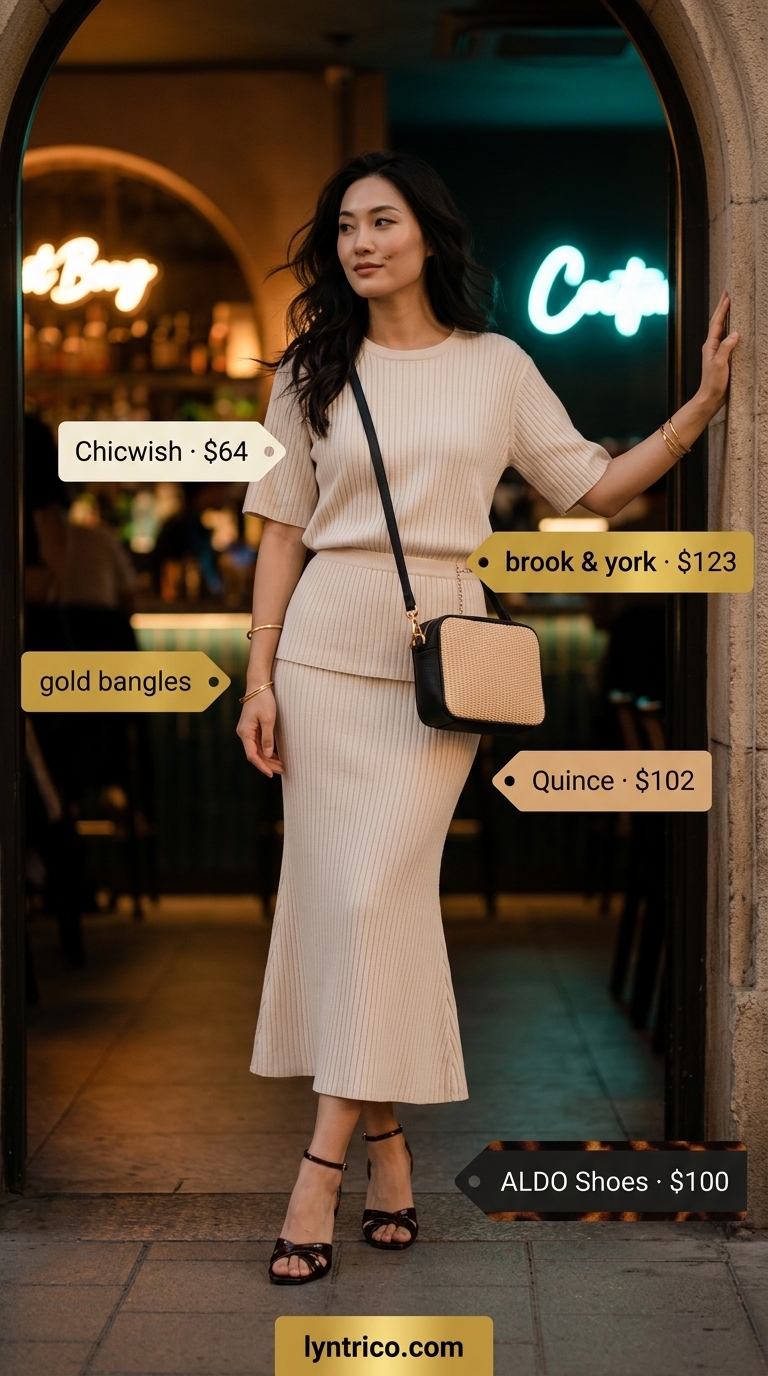 Knit Co-ord Bar Outfit 2026 Cream knit co-ord set with midi skirt and crop top for summer going out to a bar outfits for women 2026.