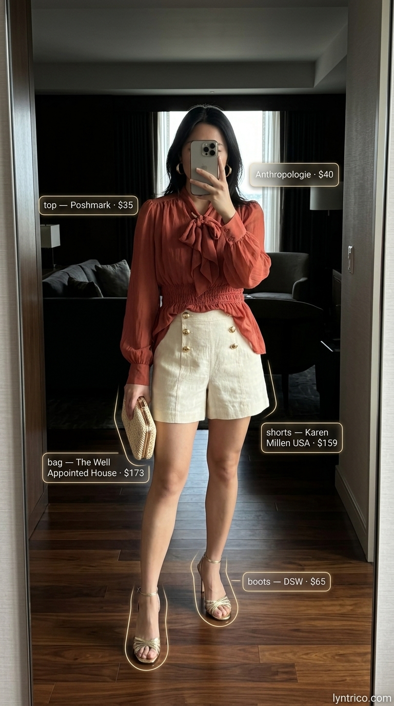 Linen Shorts Bar Outfit 2026 Cream linen shorts, terra cotta blouse, and gold sandals for summer going out to a bar outfits for women 2026.