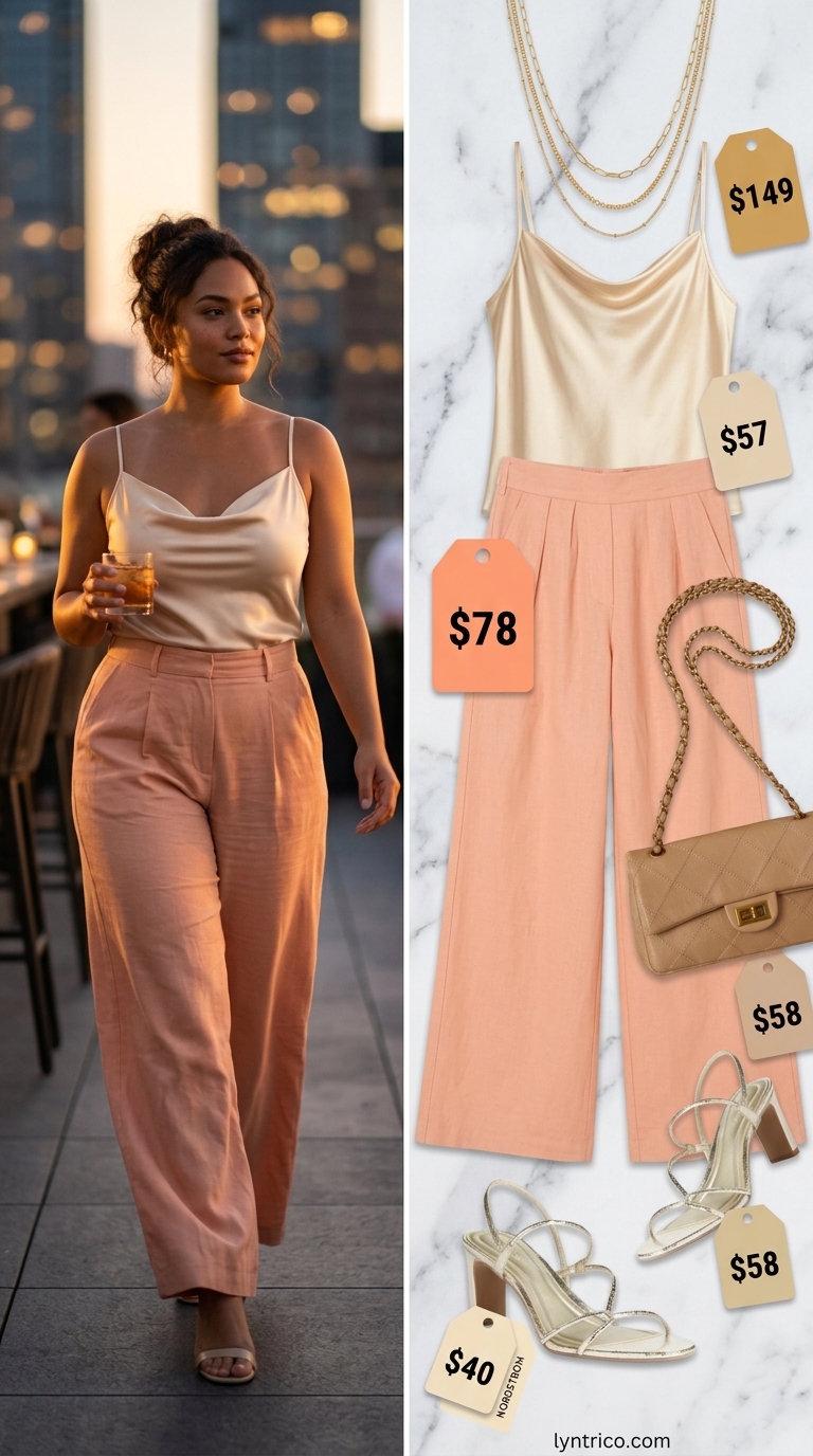 Linen Trousers: Summer Bar Outfits 2026 Effortless soft peach linen trousers for summer going out to a bar outfits for women 2026. Chic rooftop bar style with cream camisole.