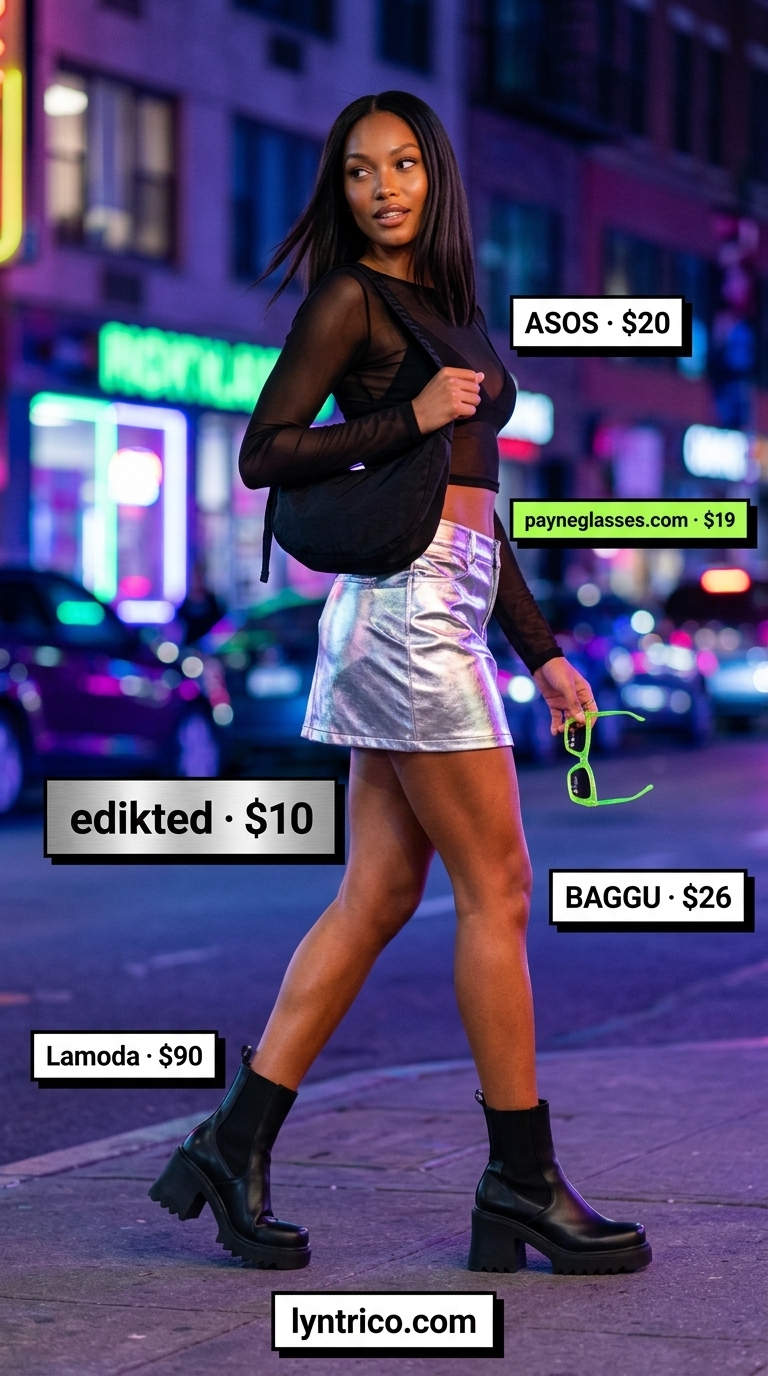 Metallic Skirt: Summer Bar Outfits 2026 Playful metallic silver mini skirt with black mesh top for summer going out to a bar outfits for women 2026. Edgy club style.