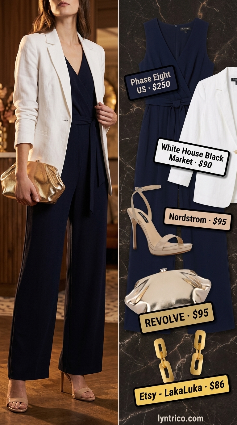 Sophisticated Jumpsuit Outfits for Women 2026 Sophisticated navy blue jumpsuit for summer going out to a bar outfits for women 2026.