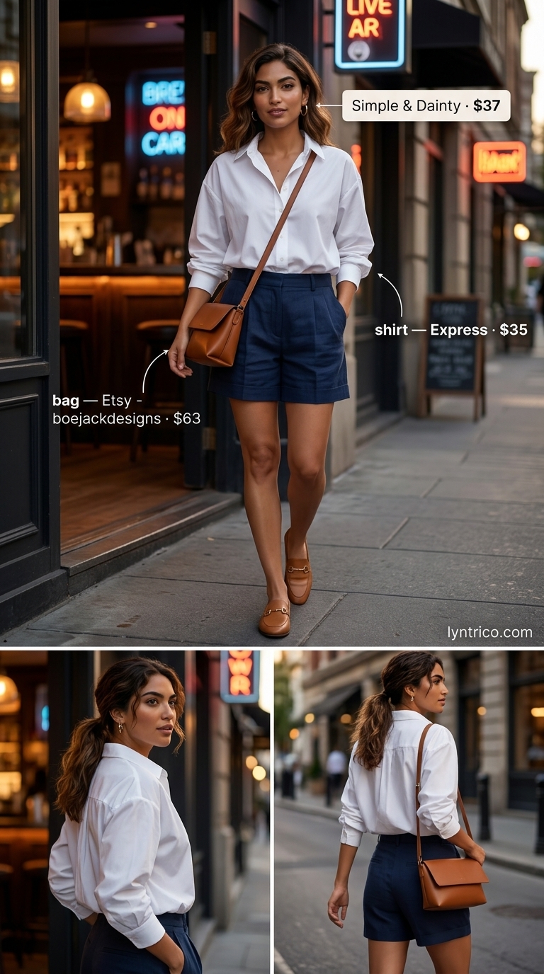 Preppy Shorts: Summer Bar Outfits 2026 Preppy navy blue shorts and white shirt for summer going out to a bar outfits for women 2026. Polished happy hour style.