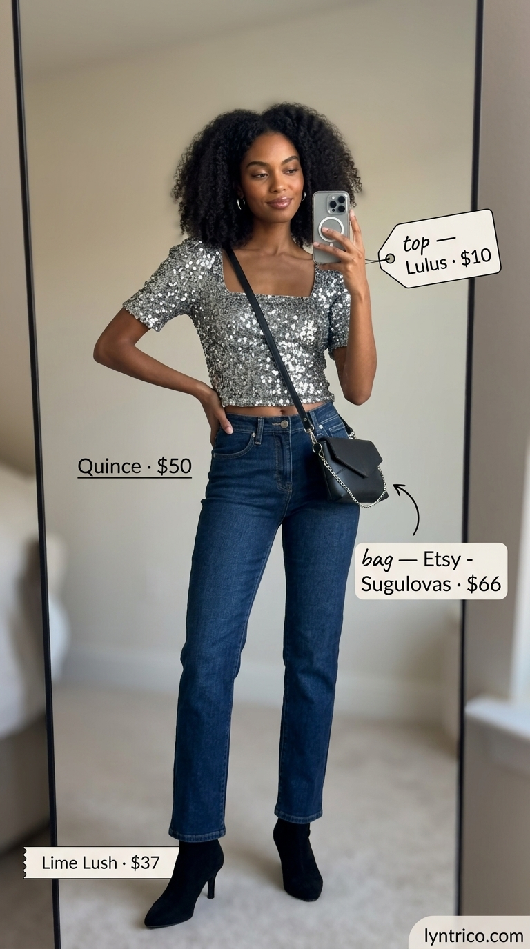 Sequin Top Jeans Bar Outfit 2026 Sequin crop top, high-waisted jeans, and ankle boots for summer going out to a bar outfits for women 2026.