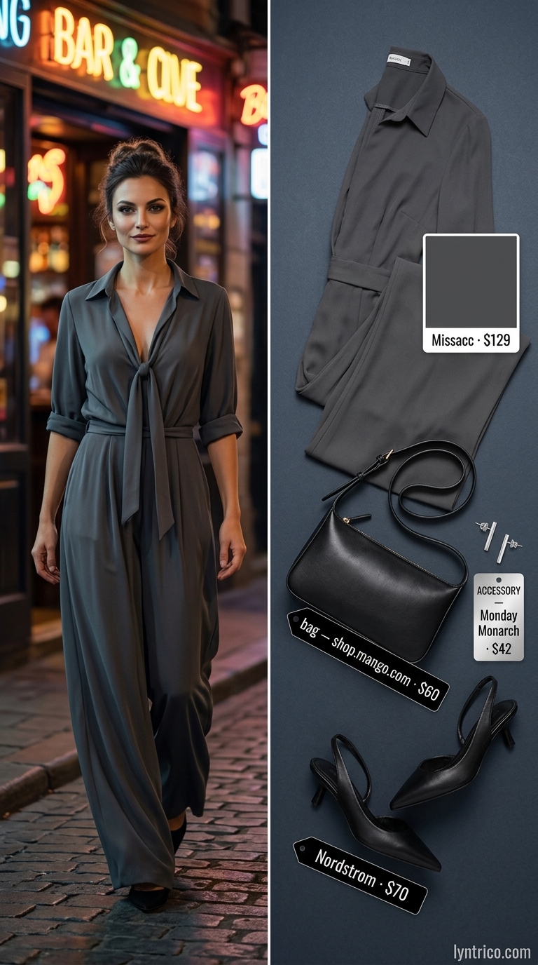 Sleek Jumpsuit: Summer Bar Outfits 2026 Sleek charcoal grey jumpsuit for summer going out to a bar outfits for women 2026. Sophisticated look with silver earrings.