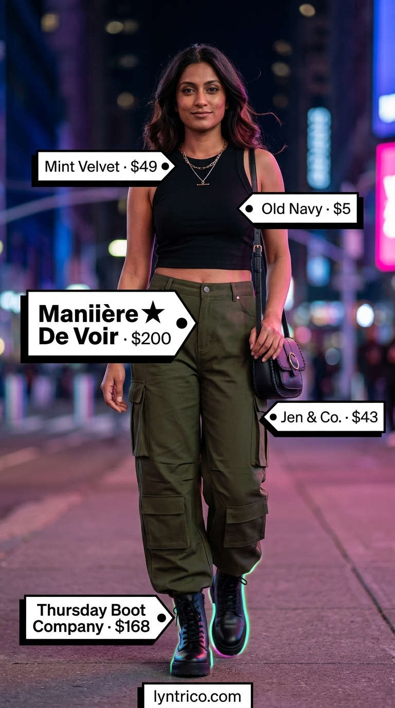 Utility Chic Bar Outfits 2026 Olive green cargo pants, black crop top, and lace-up boots for summer going out to a bar outfits for women 2026.