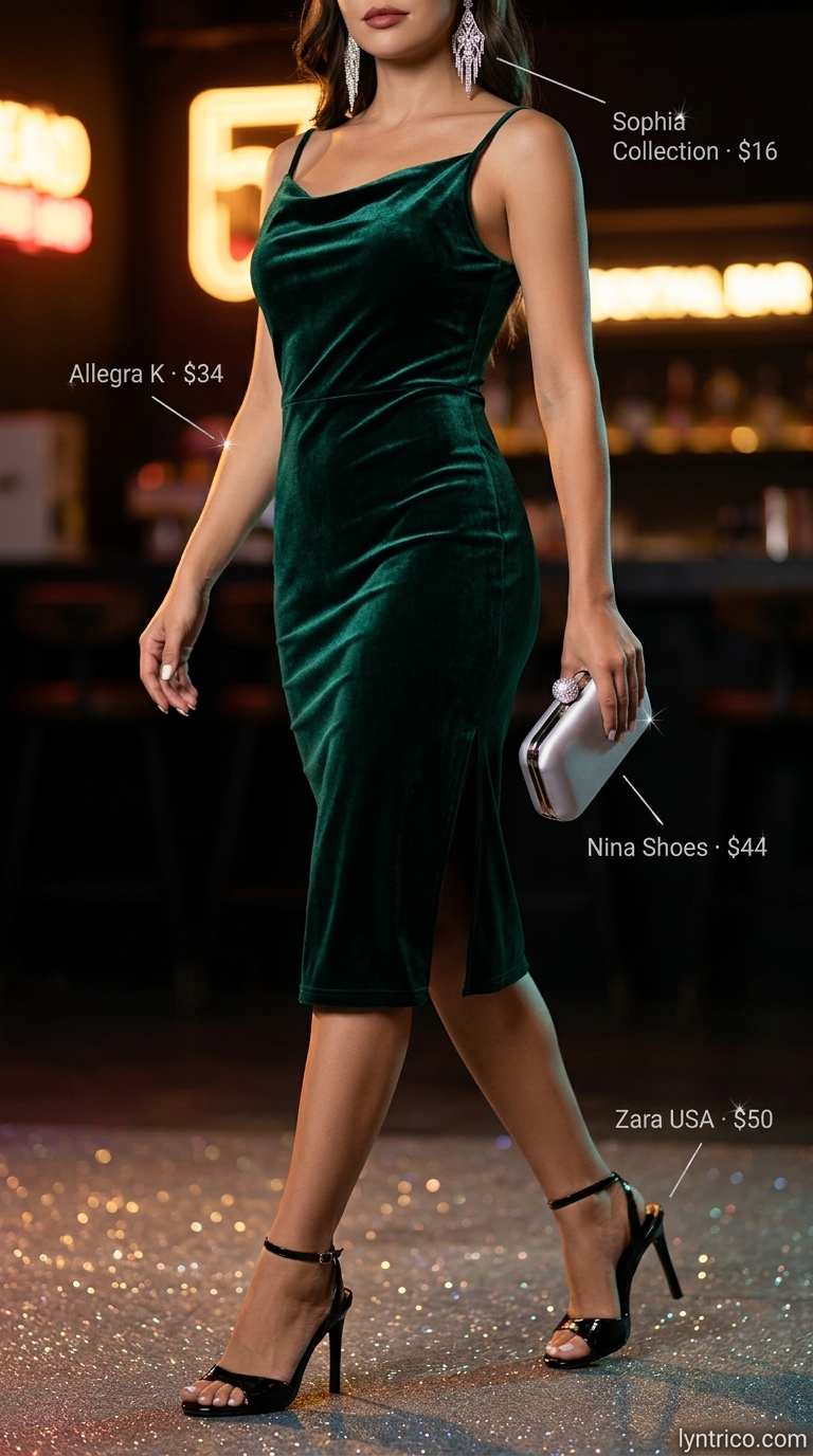 Velvet Slip Dress: Summer Bar Outfits 2026 Glamorous emerald green velvet slip dress for summer going out to a bar outfits for women 2026. Alluring cocktail bar style with silver accessories.