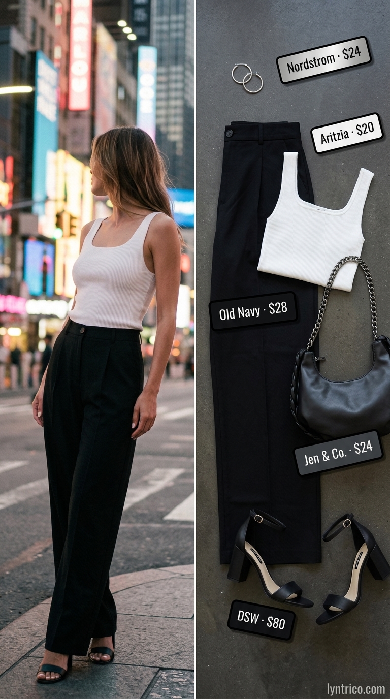 Chic Bar Outfits for Women 2026 Chic black wide-leg trousers and white knit top for summer going out to a bar outfits for women 2026.