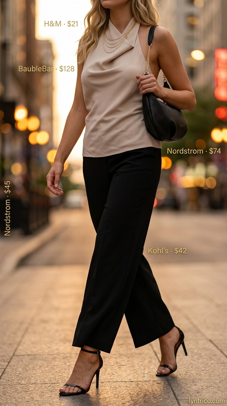 Wide-Leg Trousers Bar Style 2026 Black wide-leg trousers, cream halter top, and strappy sandals for summer going out to a bar outfits for women 2026.