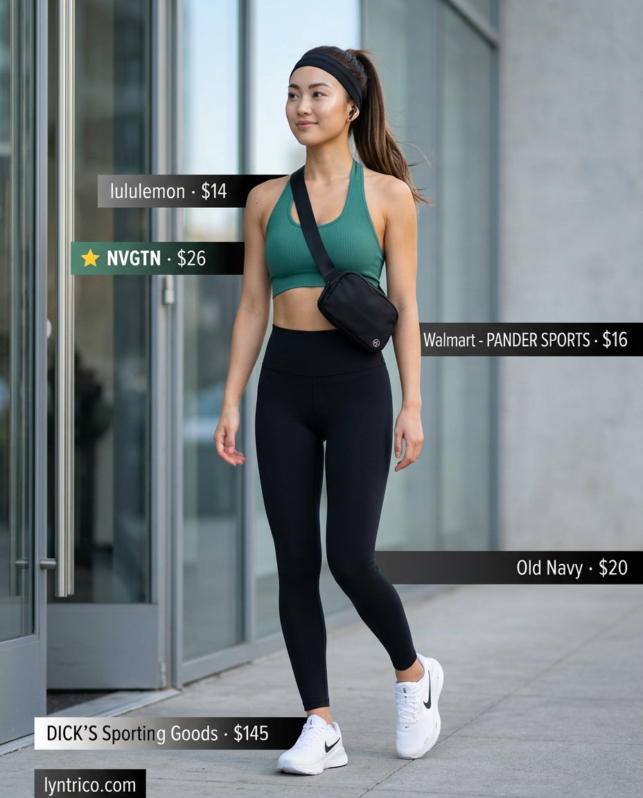 Athletic forest green halter sports bra and black leggings for women 2026, paired with sneakers and belt bag.