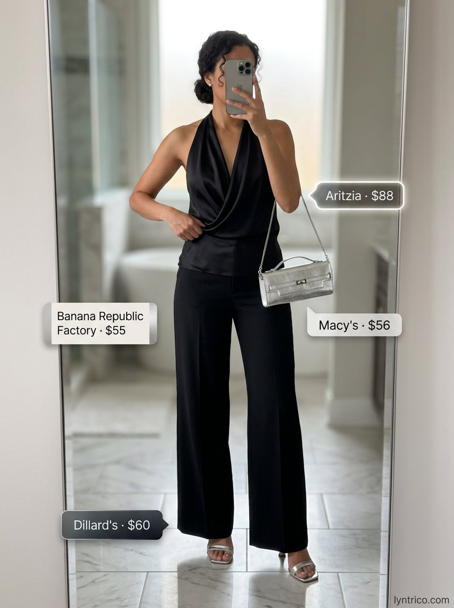 Elegant black satin halter camisole with wide-leg trousers for evening glam. Summer Halter Neck outfits 2026.