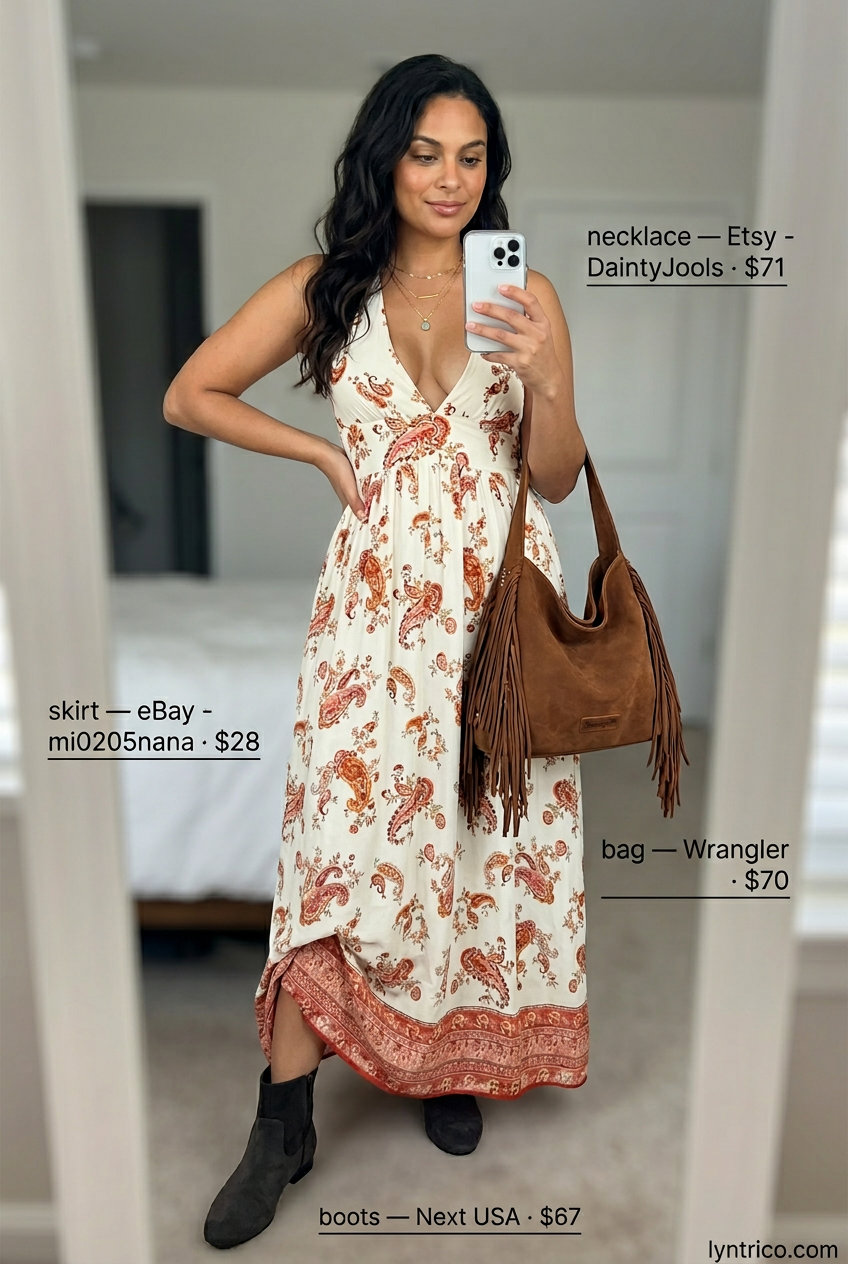 Ethereal bohemian halter neck maxi dress in earth tones for summer evenings. Festival outfit 2026.