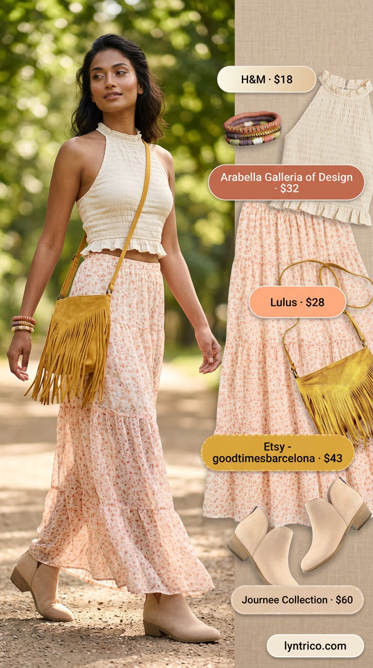Boho halter neck tie-top with a flowing maxi skirt for festivals. Summer Halter Neck outfits 2026.