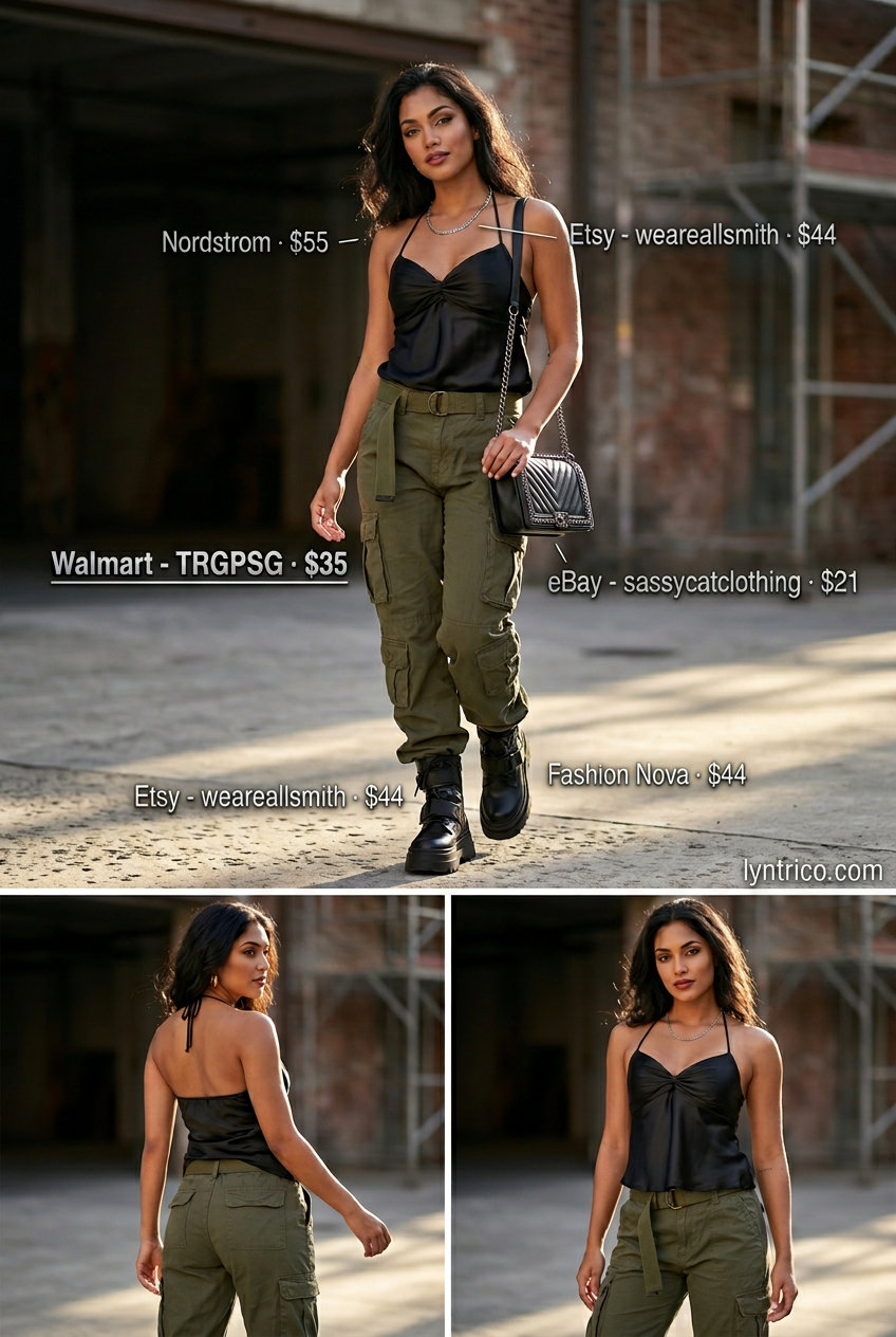 Edgy night out: black halter top, khaki cargo pants, combat boots. Summer Halter Neck outfits for women 2026.