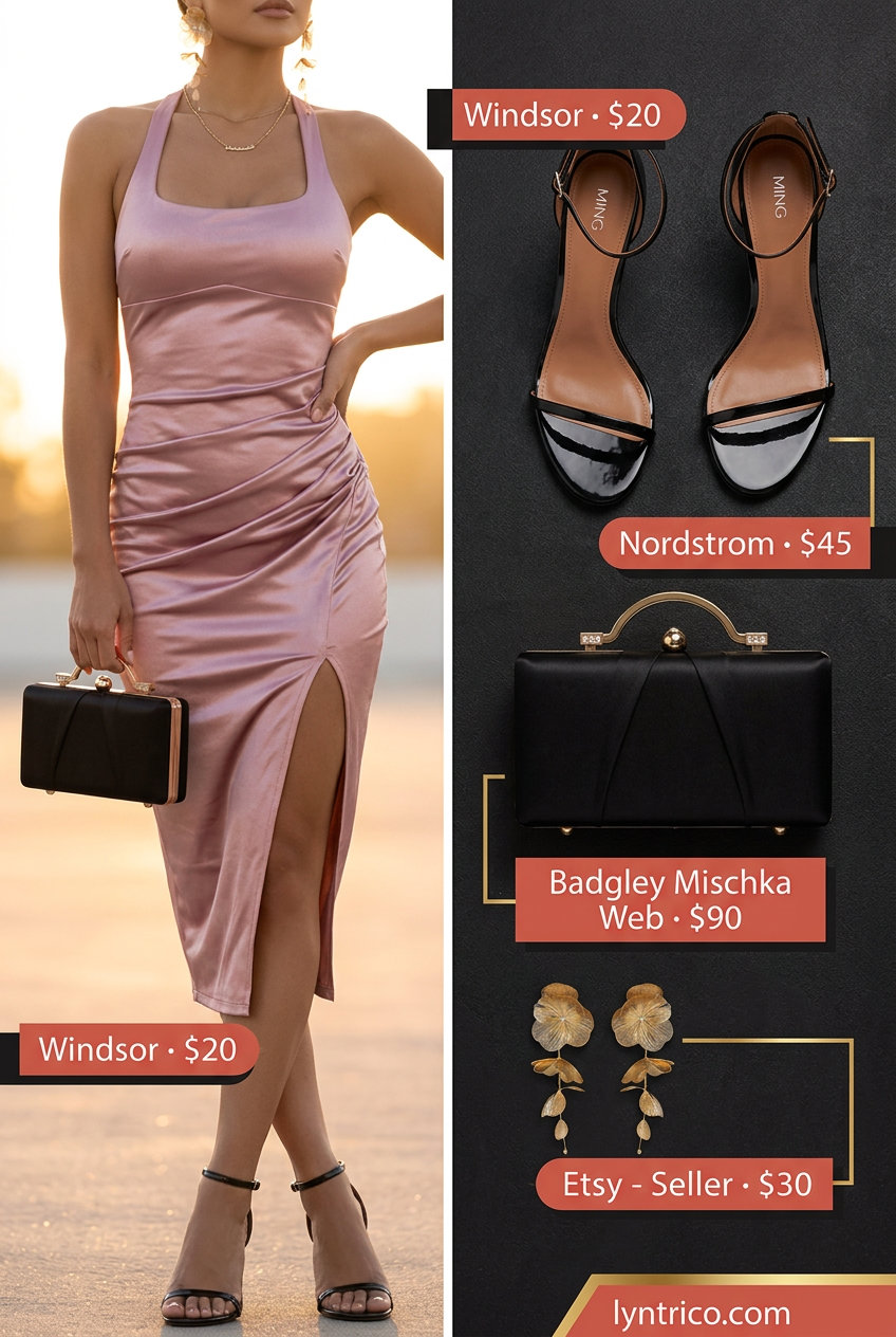 Glamorous coral satin halter midi dress for women 2026, paired with strappy heels and statement earrings.